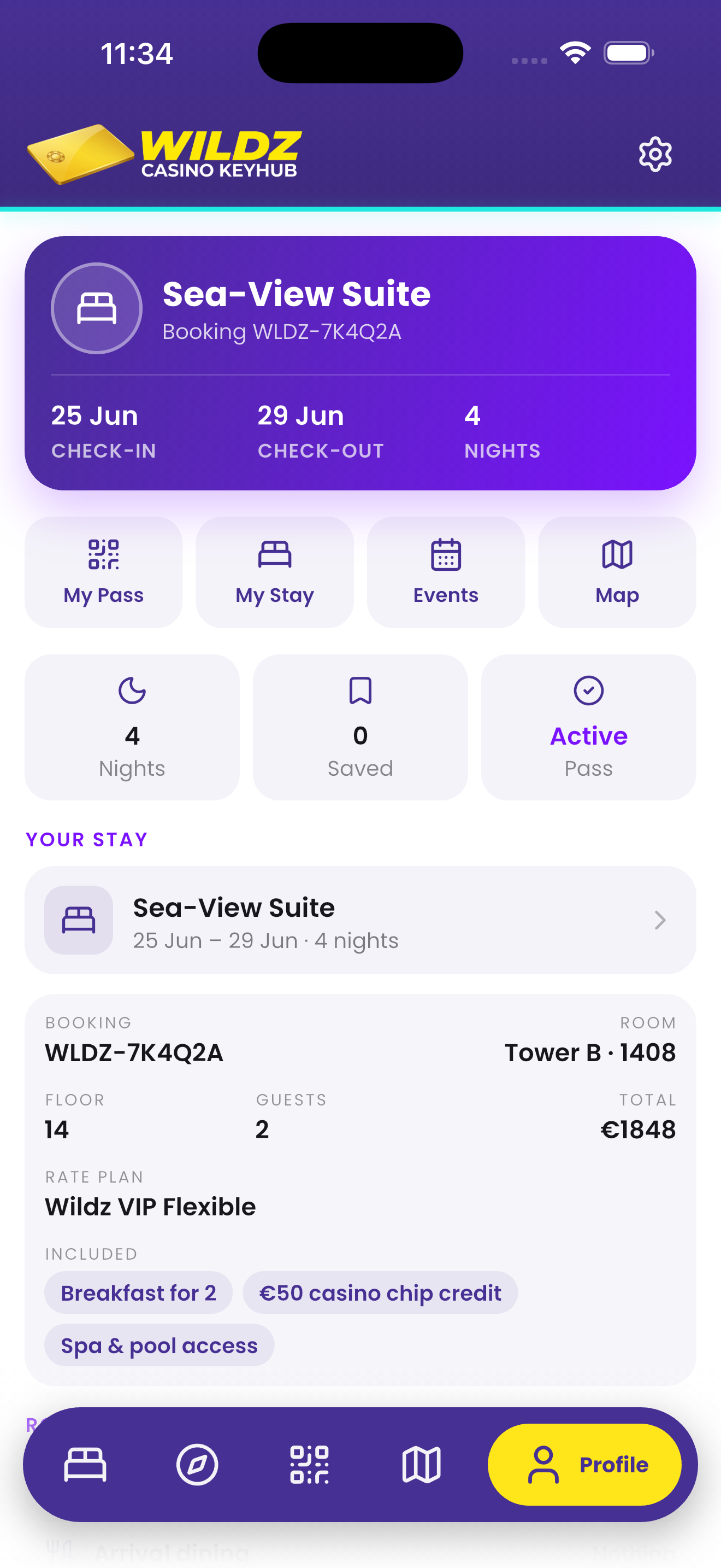 Profile and reservation summary screen
