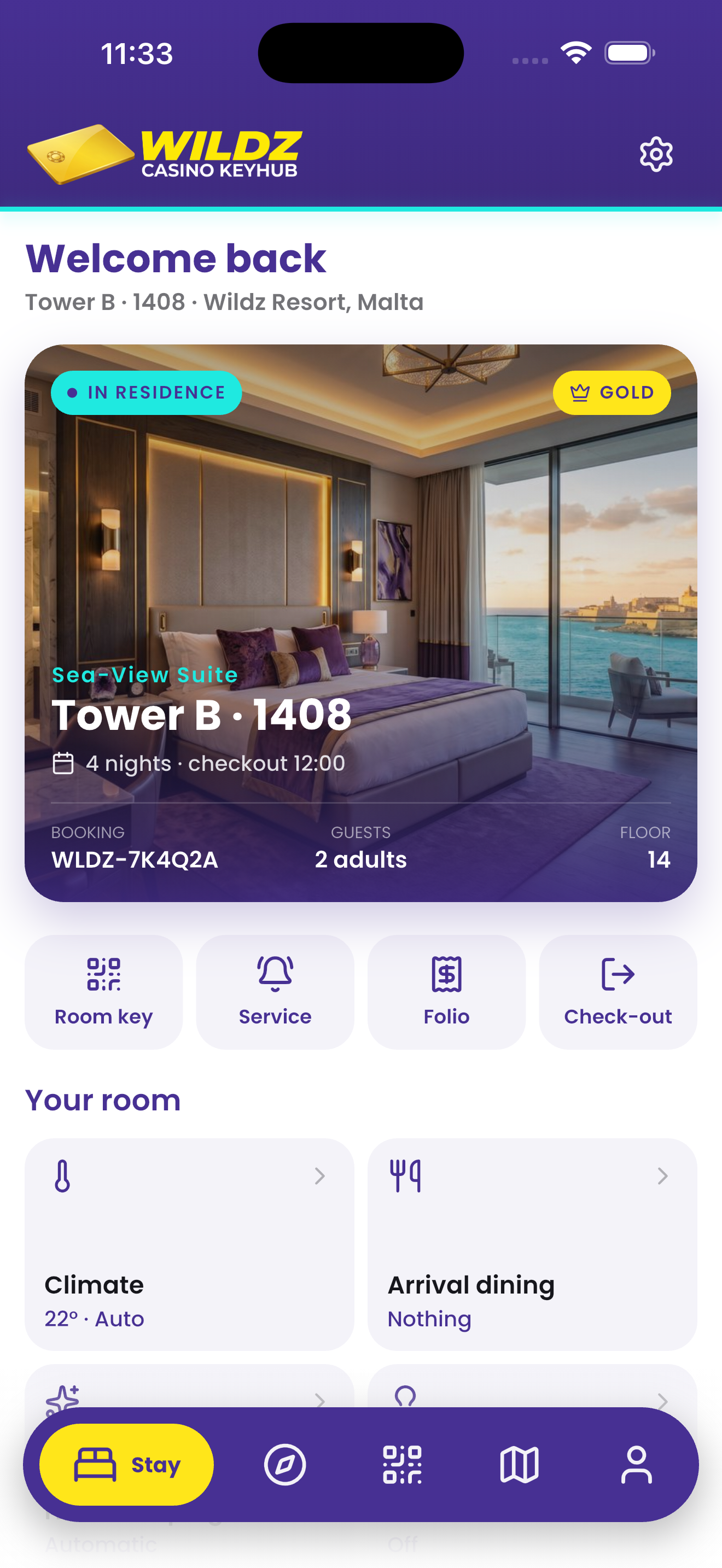 Stay dashboard screen showing room details
